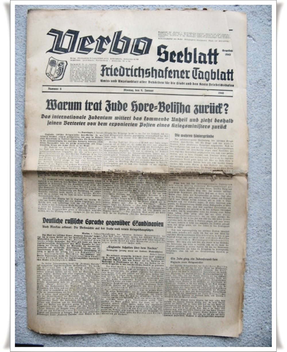 Alte Zeitung: Verbo-Seeblatt - Friedrichshafener Tagblatt vom  8.Jan.1940